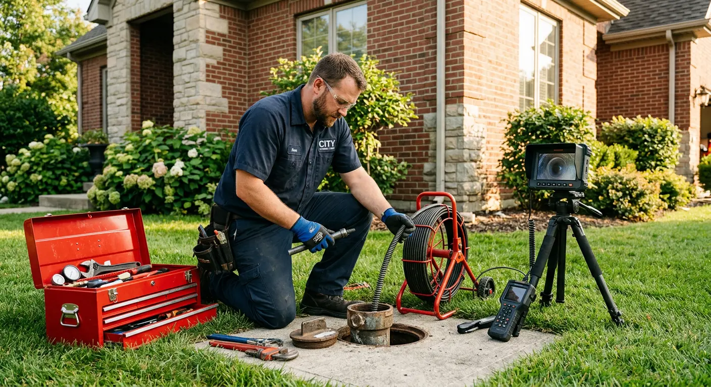 Sewer specialist with camera equipment servicing a cleanout in Parker