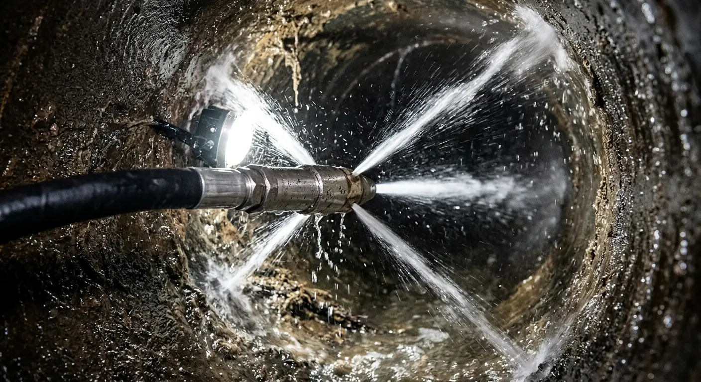 High-pressure hydro jetting nozzle cleaning sewer pipe for Sewer Cleanout in Parker