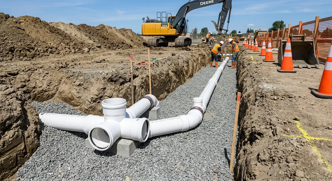 New PVC sewer pipe installation in open trench for Sewer Camera Inspection in Parker