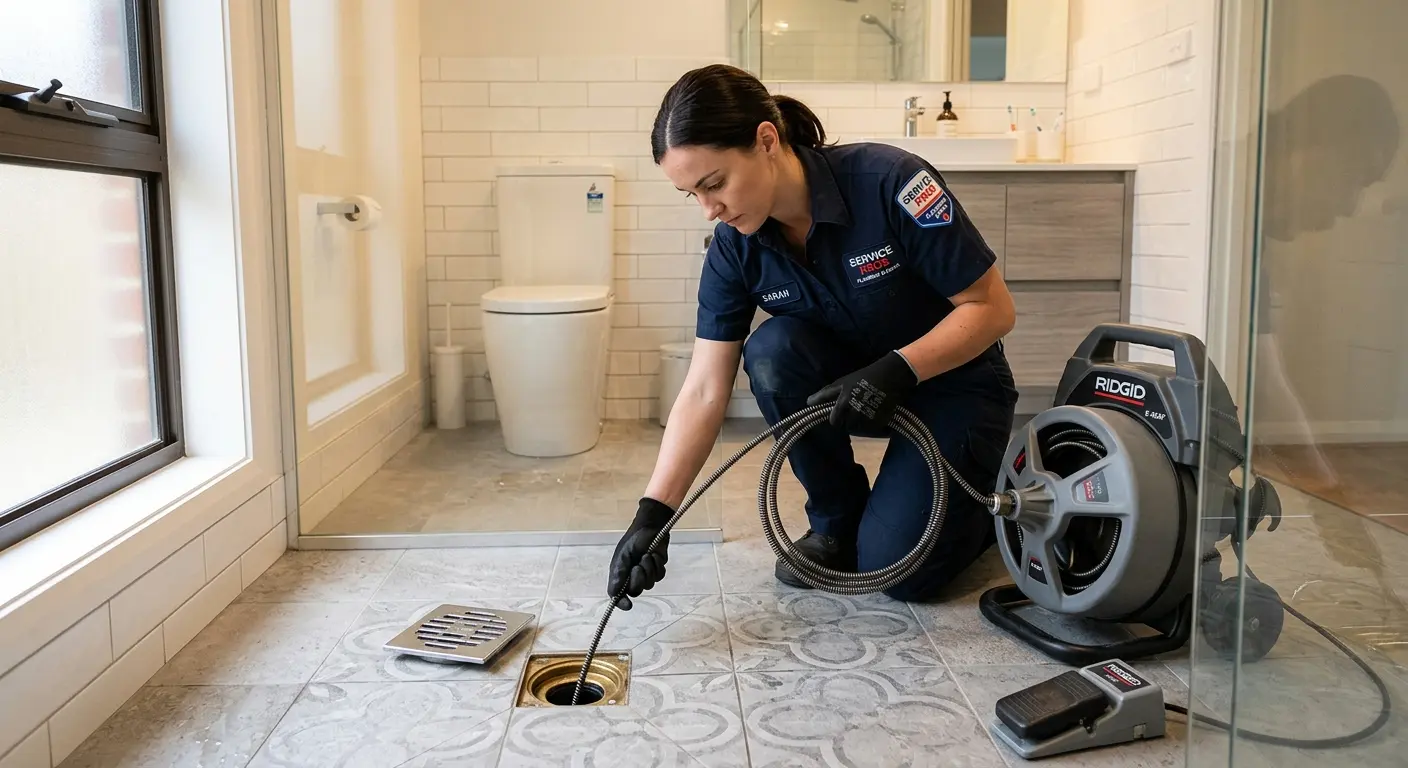Technician clearing a bathroom floor drain for Hydro Jetting in Parker